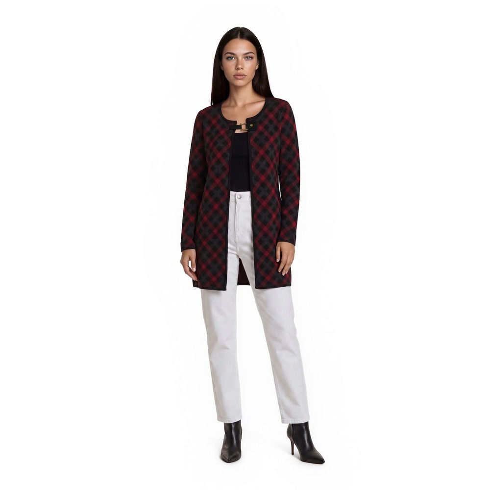 Anne Klein Plaid Cardigan Sweater‎ Women's Size Medium Red Black Longline Duster